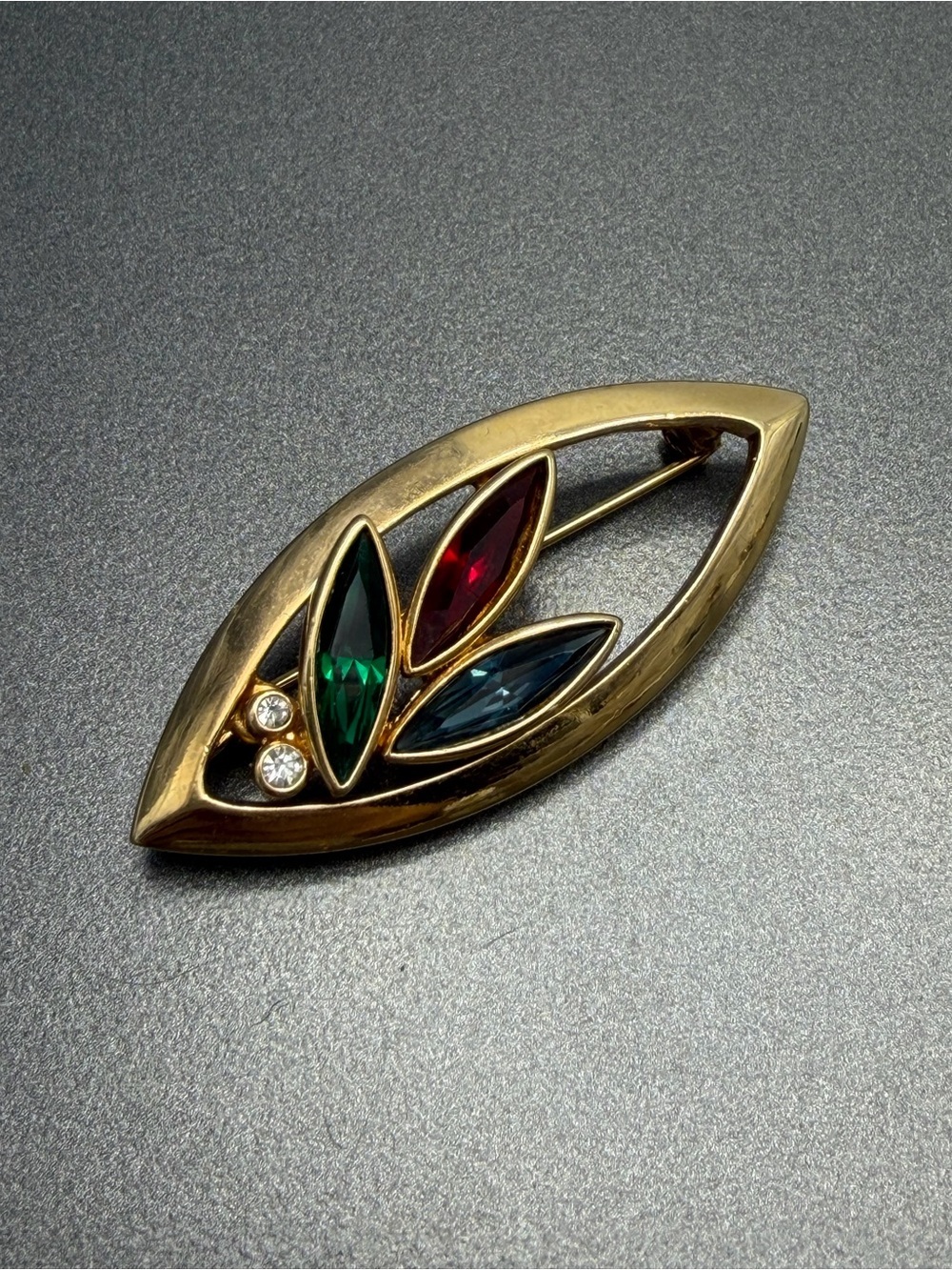 Vintage Puccini Leaf Brooch with Red, Green & Blue Stones. #cz106